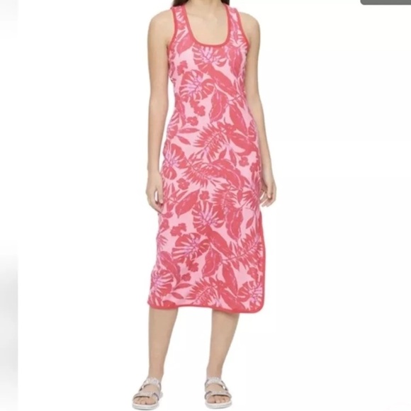 Juicy Couture HotPink Tropical Print Towel Terry Pull On Midi Tshirt Dress NWT S - Picture 1 of 16